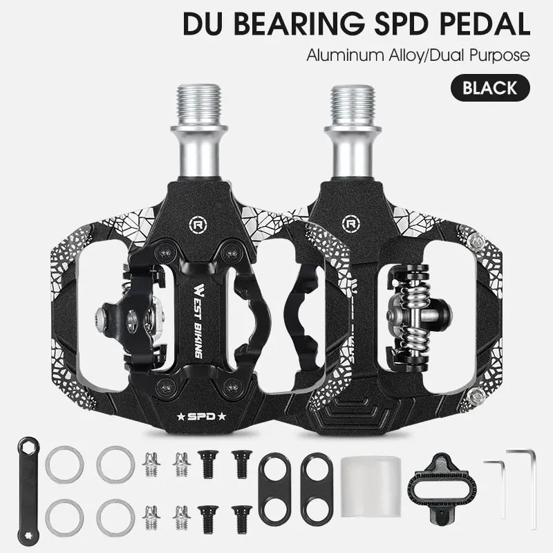 2 In 1 Bicycle Pedals SPD Self-Locking Pedal DU Bearing MTB Road Bike Anti-slip Flat Pedals Cycling Part Accessories