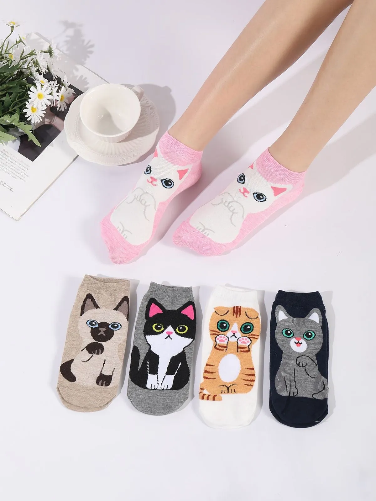 5 Pairs 3D Cartoon Cat Dog Socks Women Girls Anklet Socks Breathable Casual Sox Short Sock