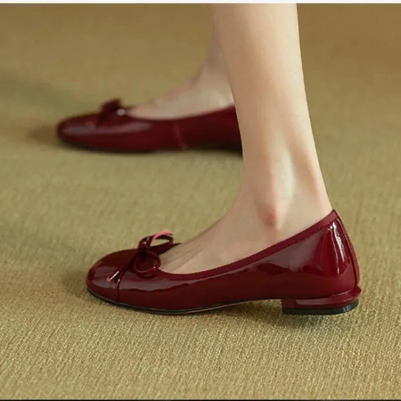 Advbridge -  New Wine Red Retro Patent Leather Loafers Women Fashion Bowknot Slip on Square Toe Low Heels Party Retro Black Ballet Shoes