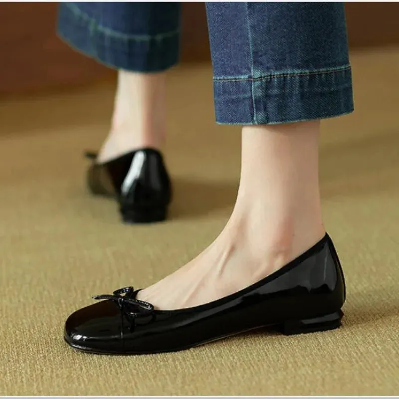 Advbridge -  New Wine Red Retro Patent Leather Loafers Women Fashion Bowknot Slip on Square Toe Low Heels Party Retro Black Ballet Shoes