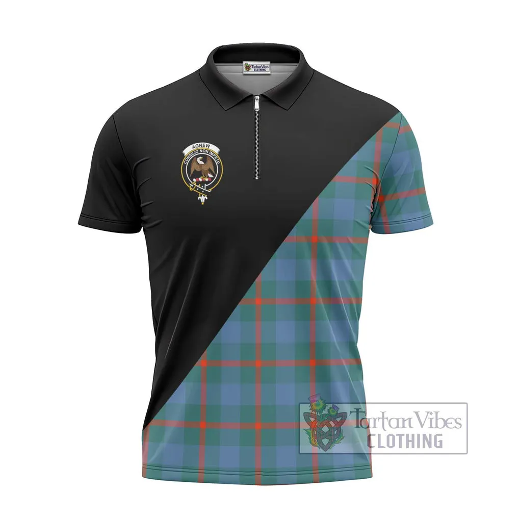 Agnew Ancient Tartan Zipper Polo Shirt with Family Crest and Military Logo Style