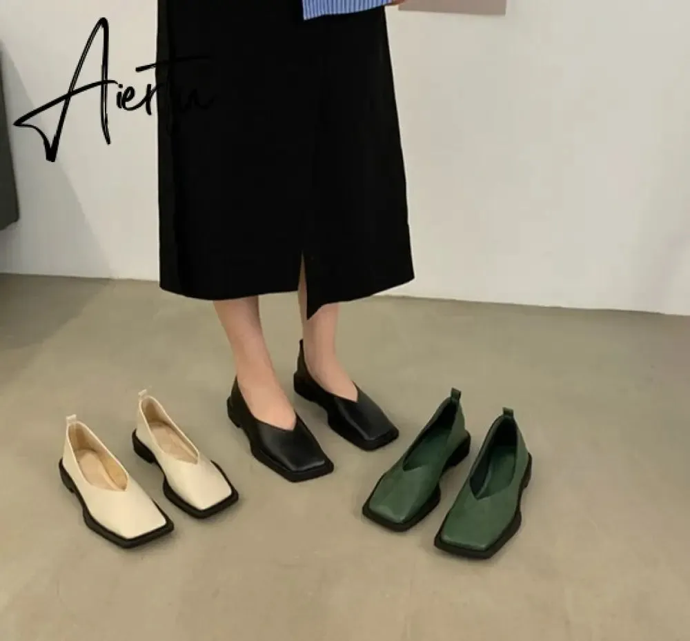 Aiertu Spring New Flat Shoes Square Toe Square Toe Shallow Mouth Slip on Loafers Ladies Casual Shoes Zapatos Size35-43