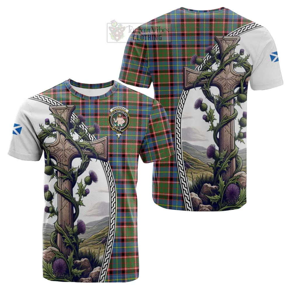 Aikenhead Tartan Cotton T-shirt with Family Crest and St. Andrew's Cross Accented by Thistle Vines