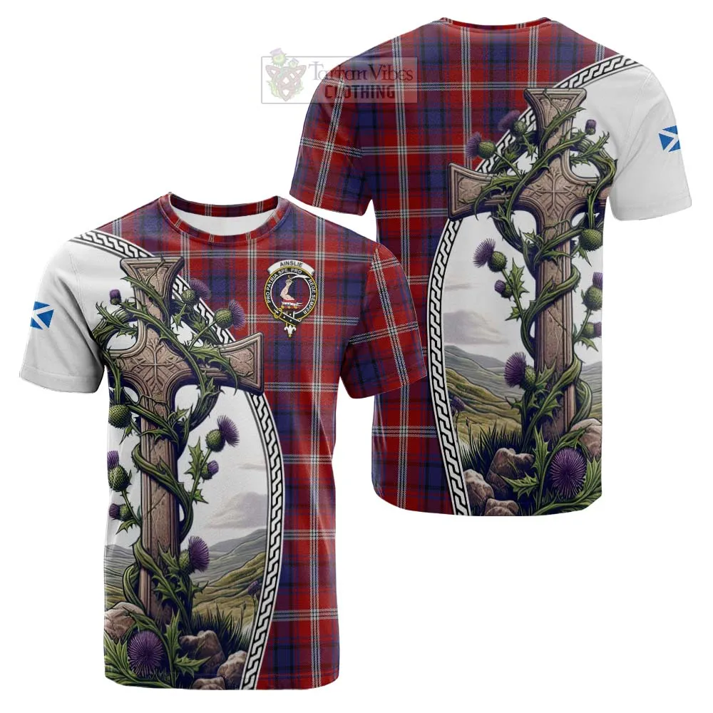 Ainslie Tartan Cotton T-shirt with Family Crest and St. Andrew's Cross Accented by Thistle Vines