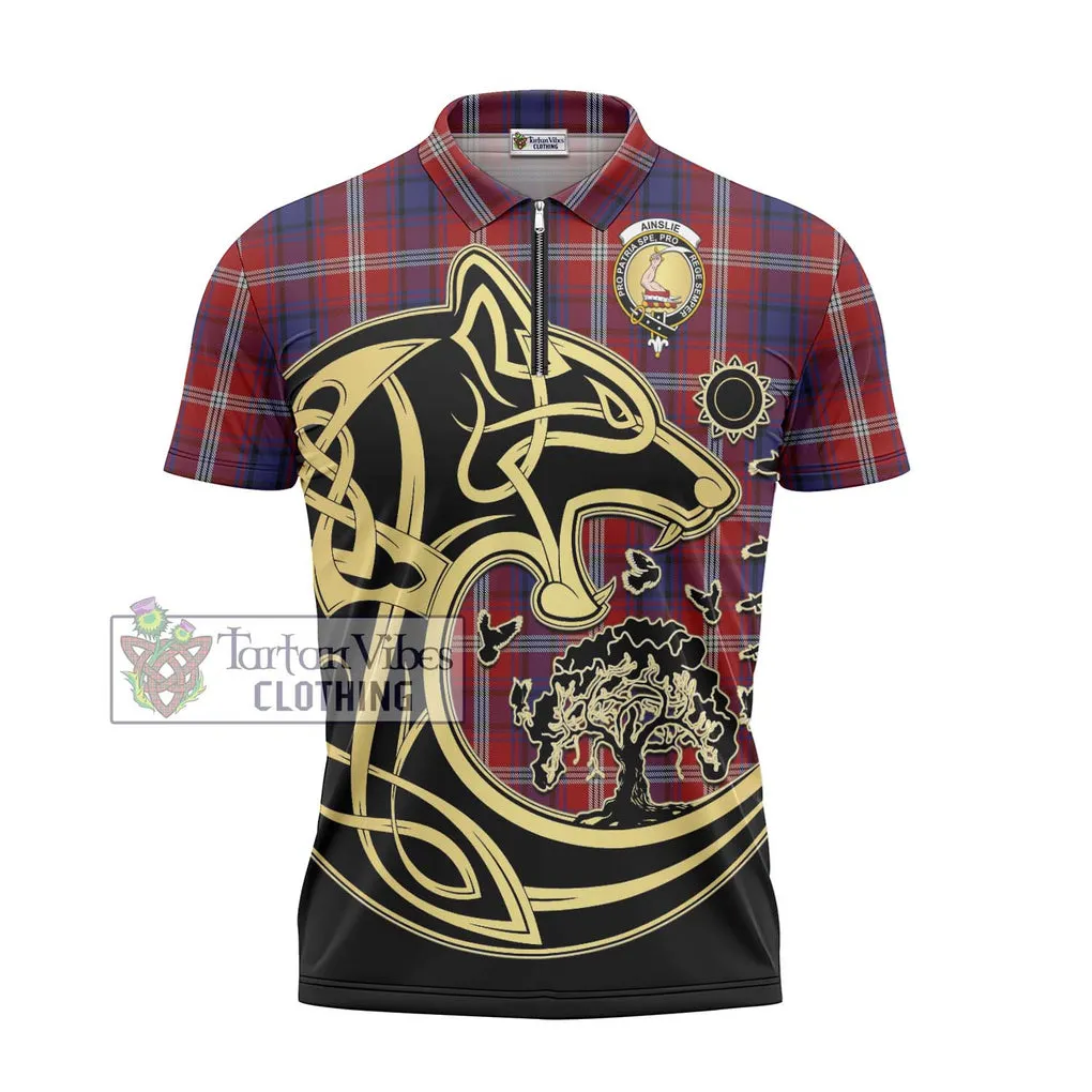 Ainslie Tartan Zipper Polo Shirt with Family Crest Celtic Wolf Style