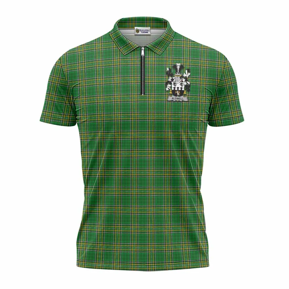 Aldwell Irish Clan Tartan Zipper Polo Shirt with Coat of Arms