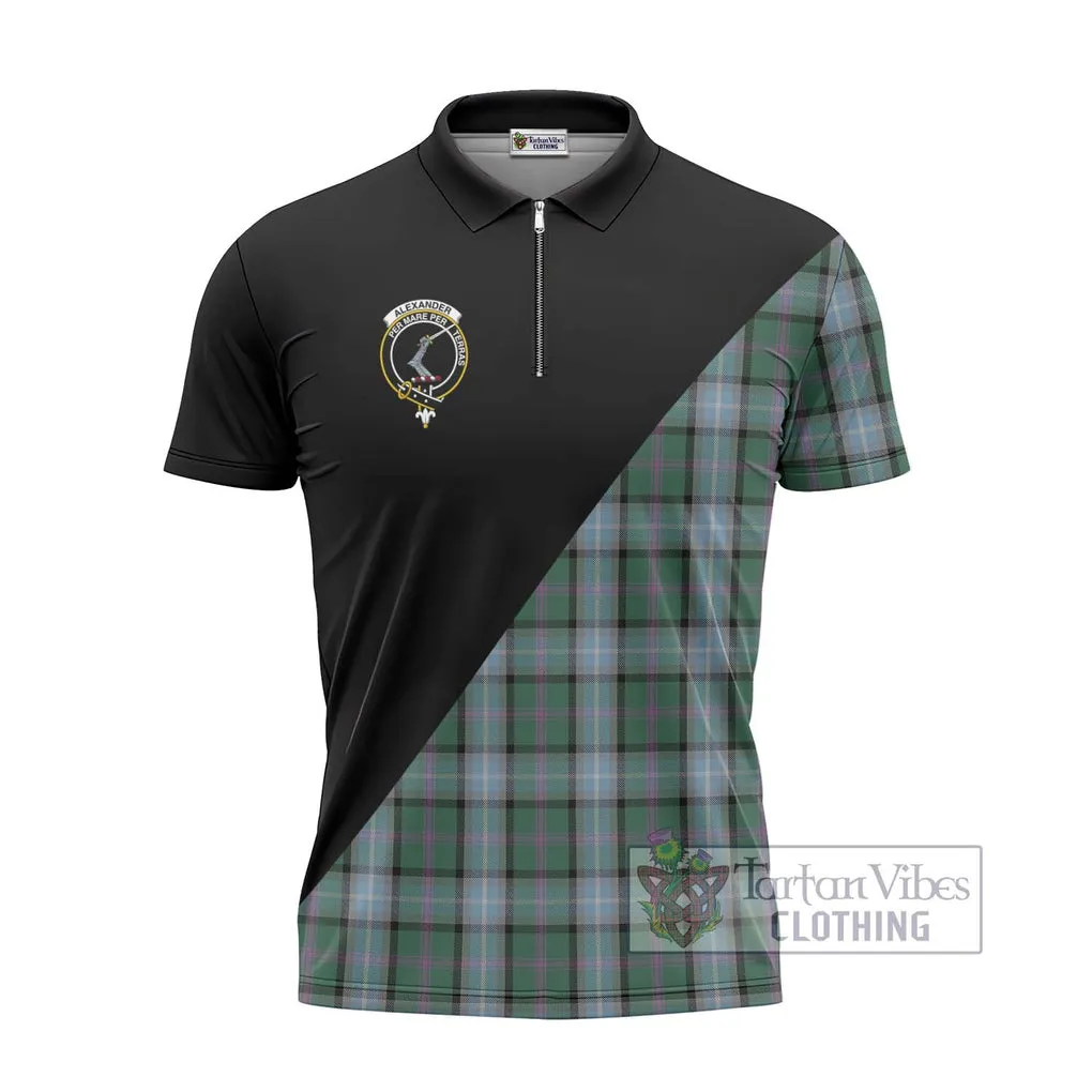 Alexander of Menstry Hunting Tartan Zipper Polo Shirt with Family Crest and Military Logo Style