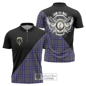 Alexander of Menstry Tartan Zipper Polo Shirt with Family Crest and Military Logo Style