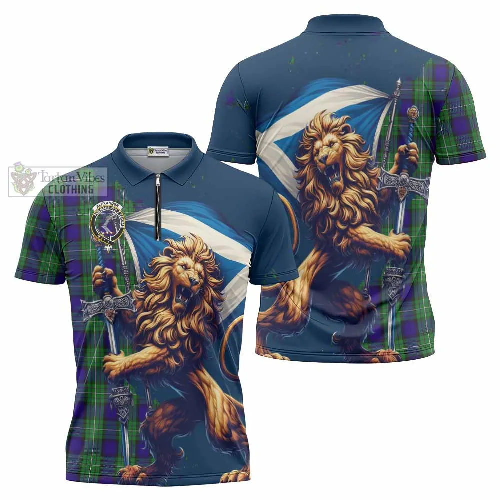 Alexander Tartan Family Crest Zipper Polo Shirt with Scottish Majestic Lion