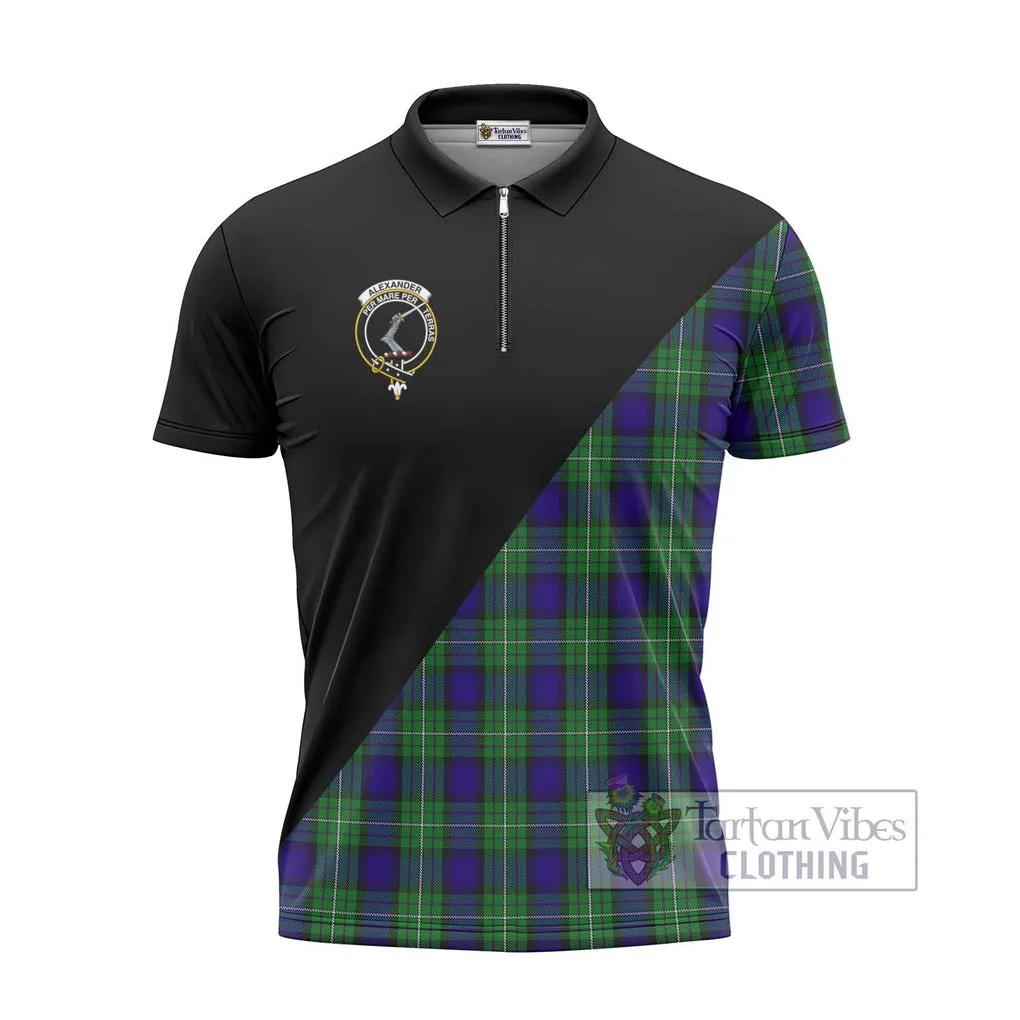 Alexander Tartan Zipper Polo Shirt with Family Crest and Military Logo Style