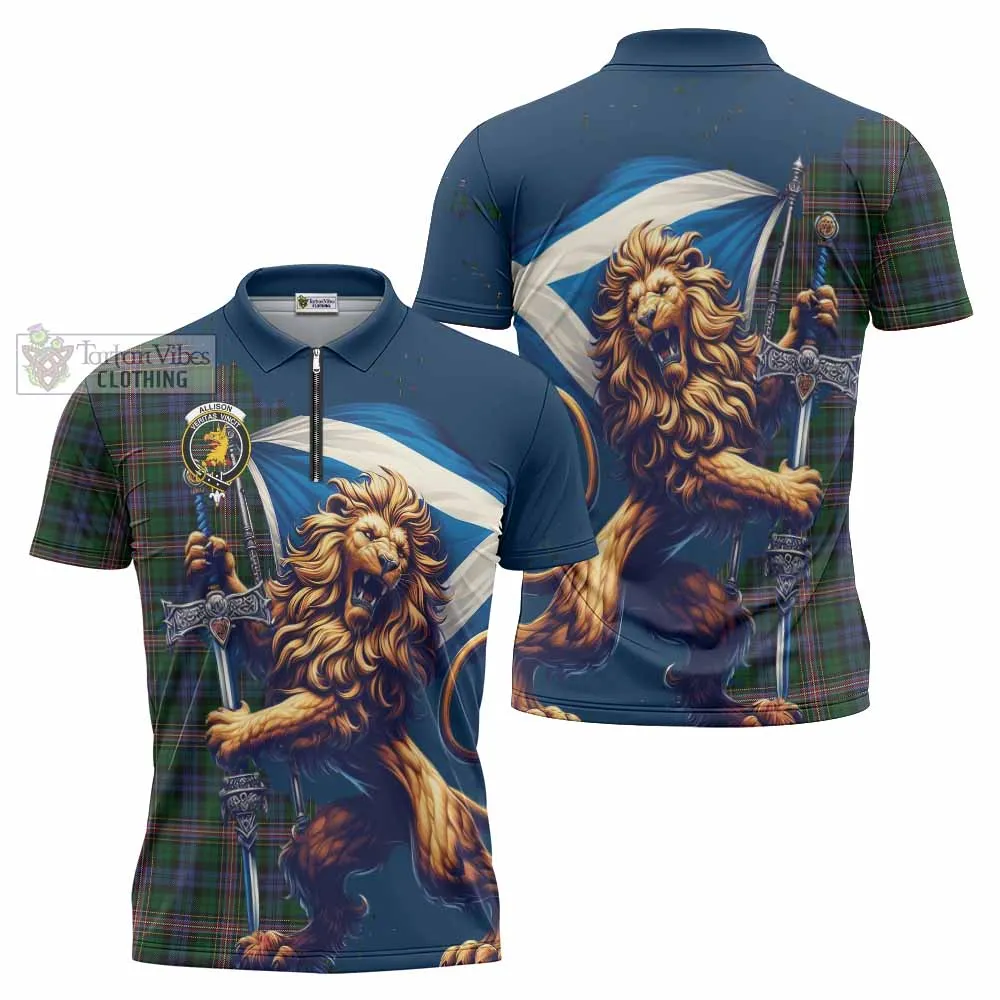 Allison Tartan Family Crest Zipper Polo Shirt with Scottish Majestic Lion