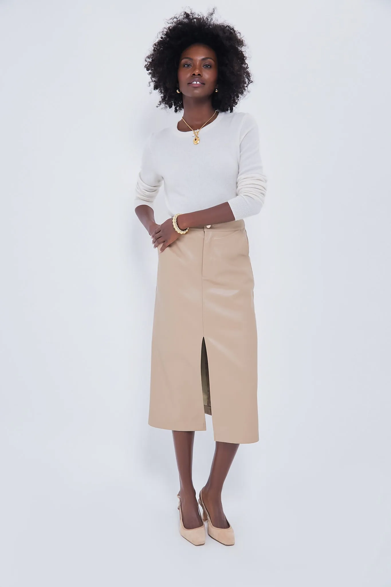 Almond Faux Leather Ingrid Midi Skirt