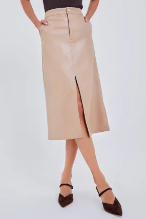 Almond Faux Leather Ingrid Midi Skirt