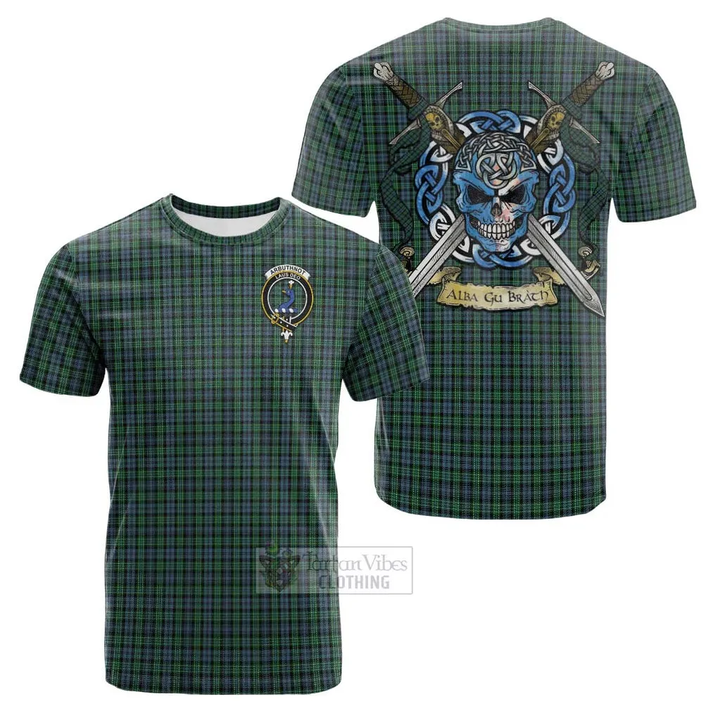 Arbuthnot Tartan Cotton T-shirt with Family Crest Celtic Skull Style