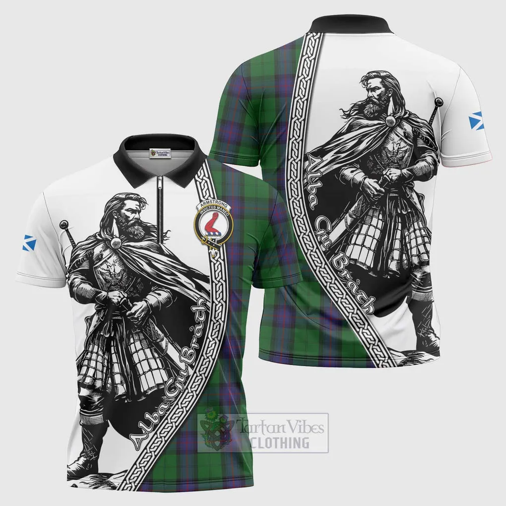 Armstrong Tartan Clan Crest Zipper Polo Shirt with Highlander Warrior Celtic Style