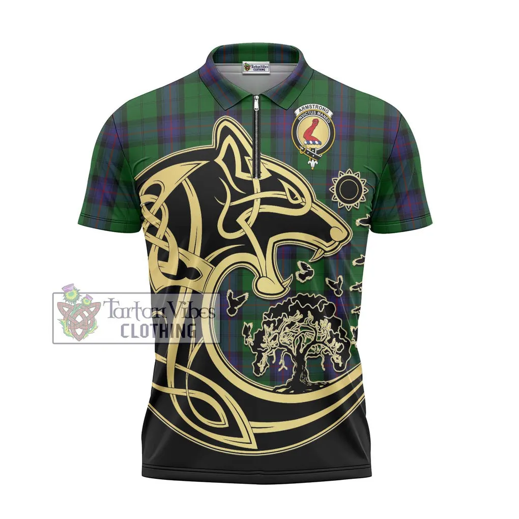 Armstrong Tartan Zipper Polo Shirt with Family Crest Celtic Wolf Style