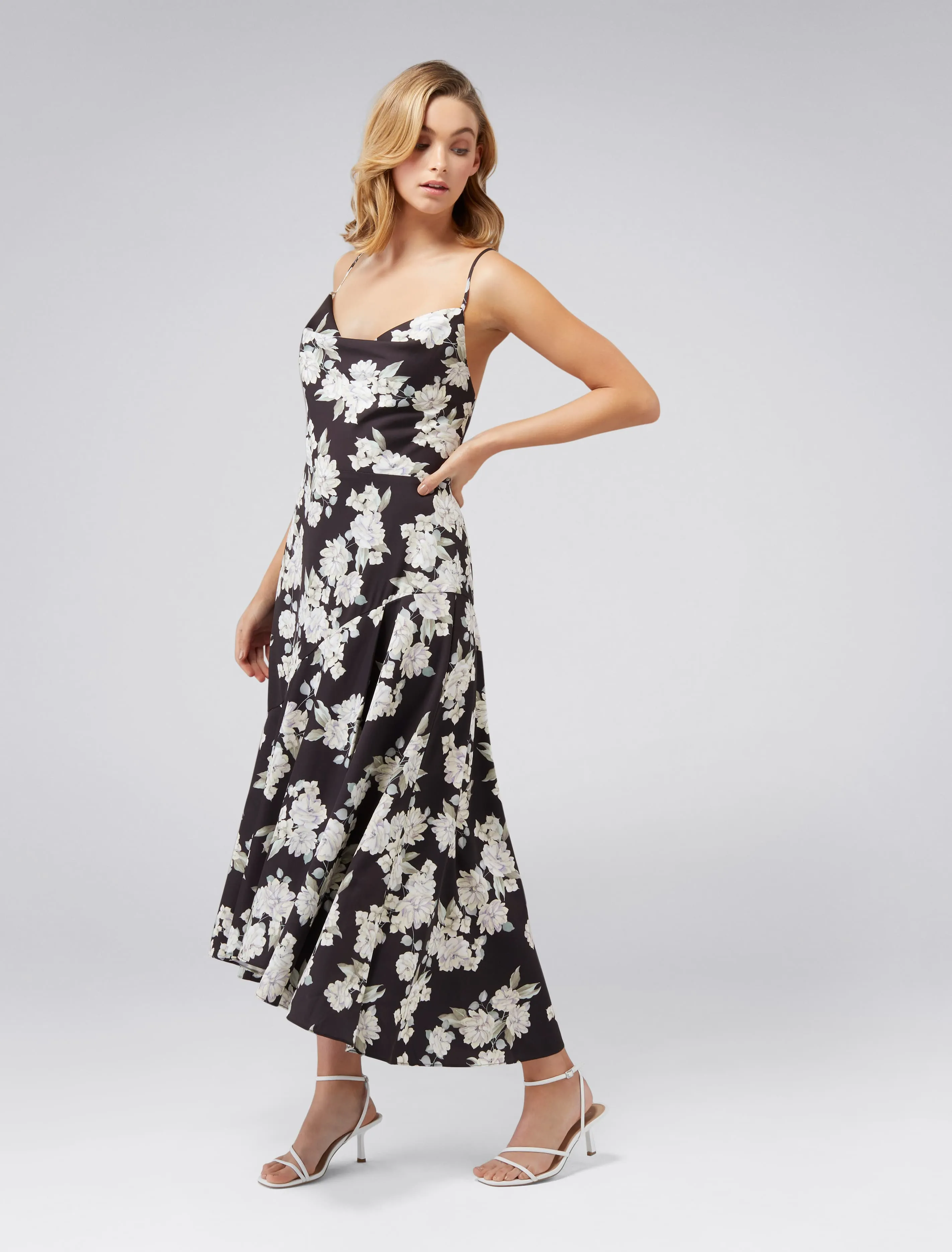 Aubrie Backless Cowl Satin Midi Dress