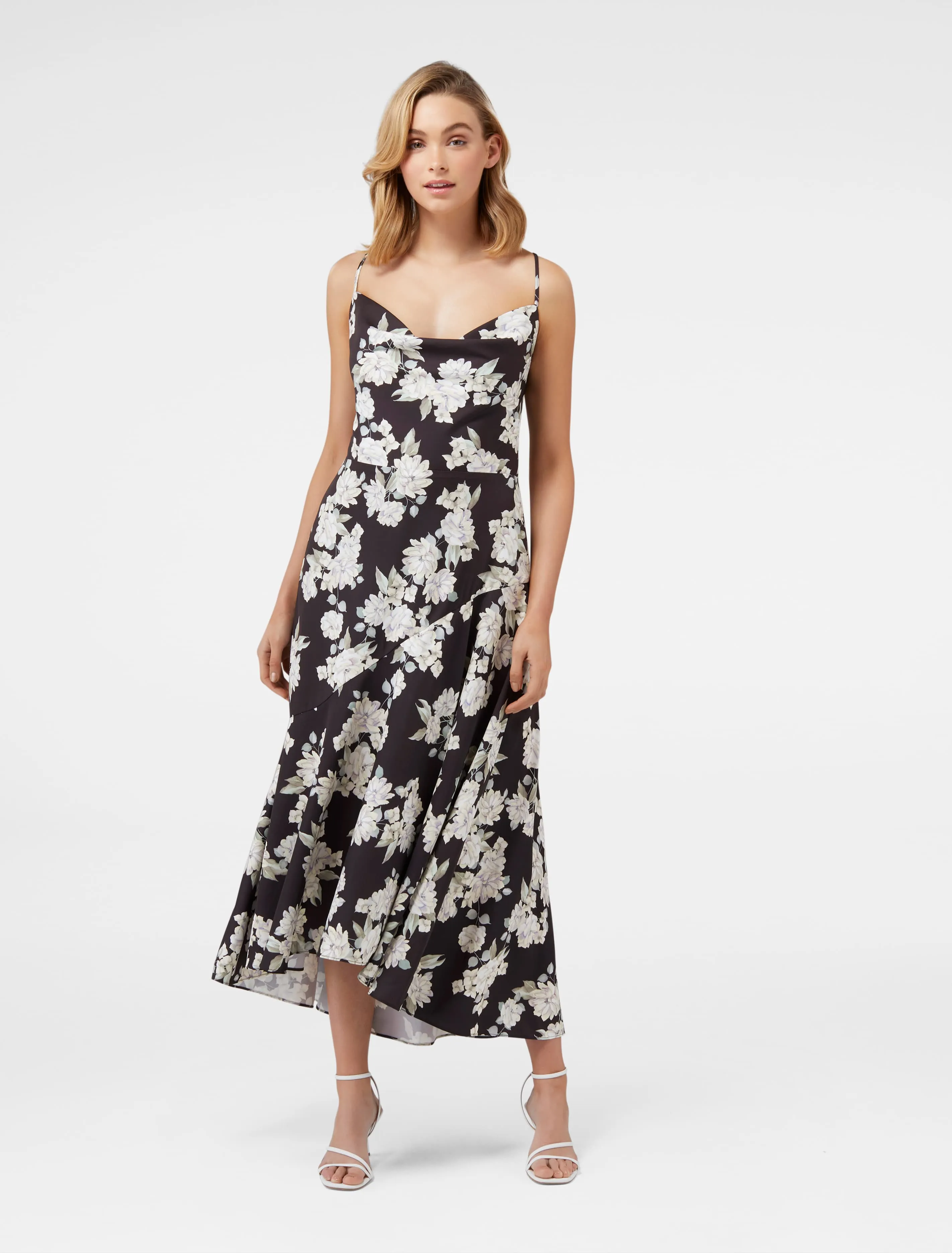 Aubrie Backless Cowl Satin Midi Dress