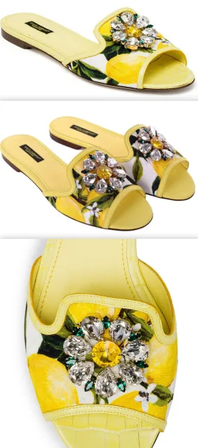 'Bianca' Lemon Printed Embellished Sandals