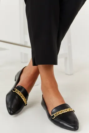 Black Faux Leather Pointed Toe Gold Chain Loafers