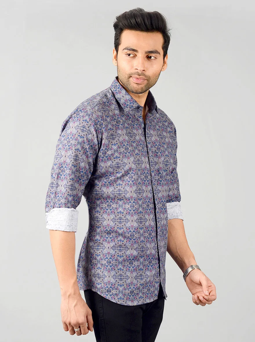 Blue & Grey Printed Slim Fit Party Wear Shirt | JB Studio