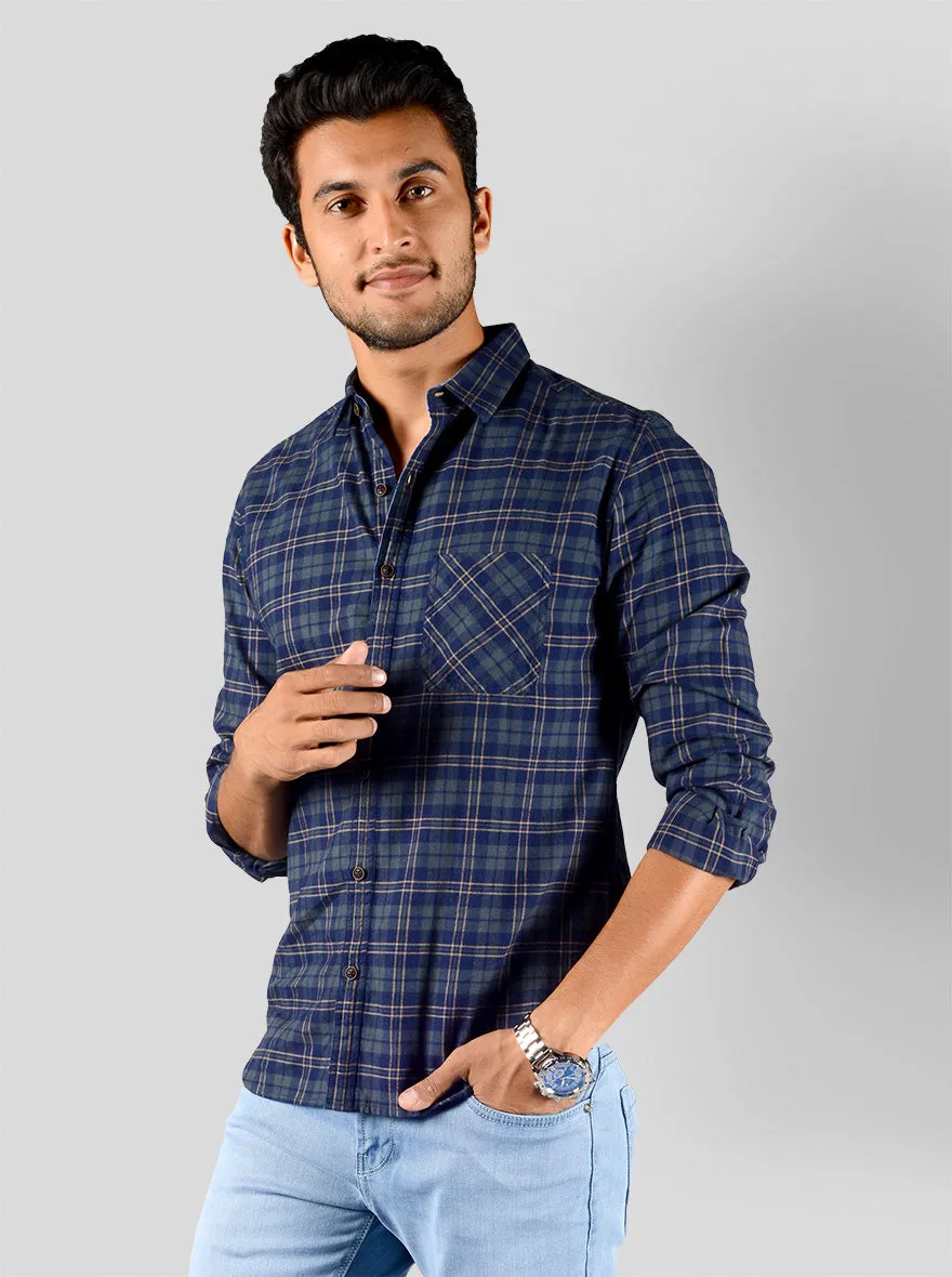 Blue & Olive Green Checked Slim Fit Casual Shirt | Greenfibre