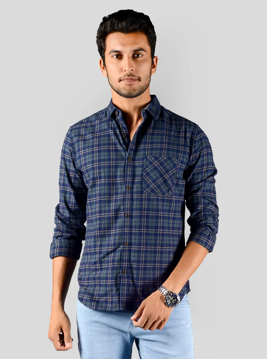 Blue & Olive Green Checked Slim Fit Casual Shirt | Greenfibre