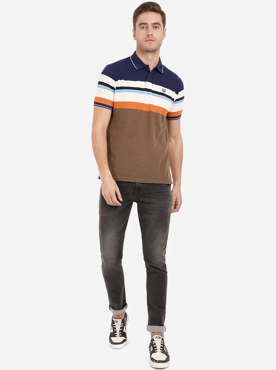 Brown & Navy Blue Striped Slim Fit Polo T-Shirt | Greenfibre