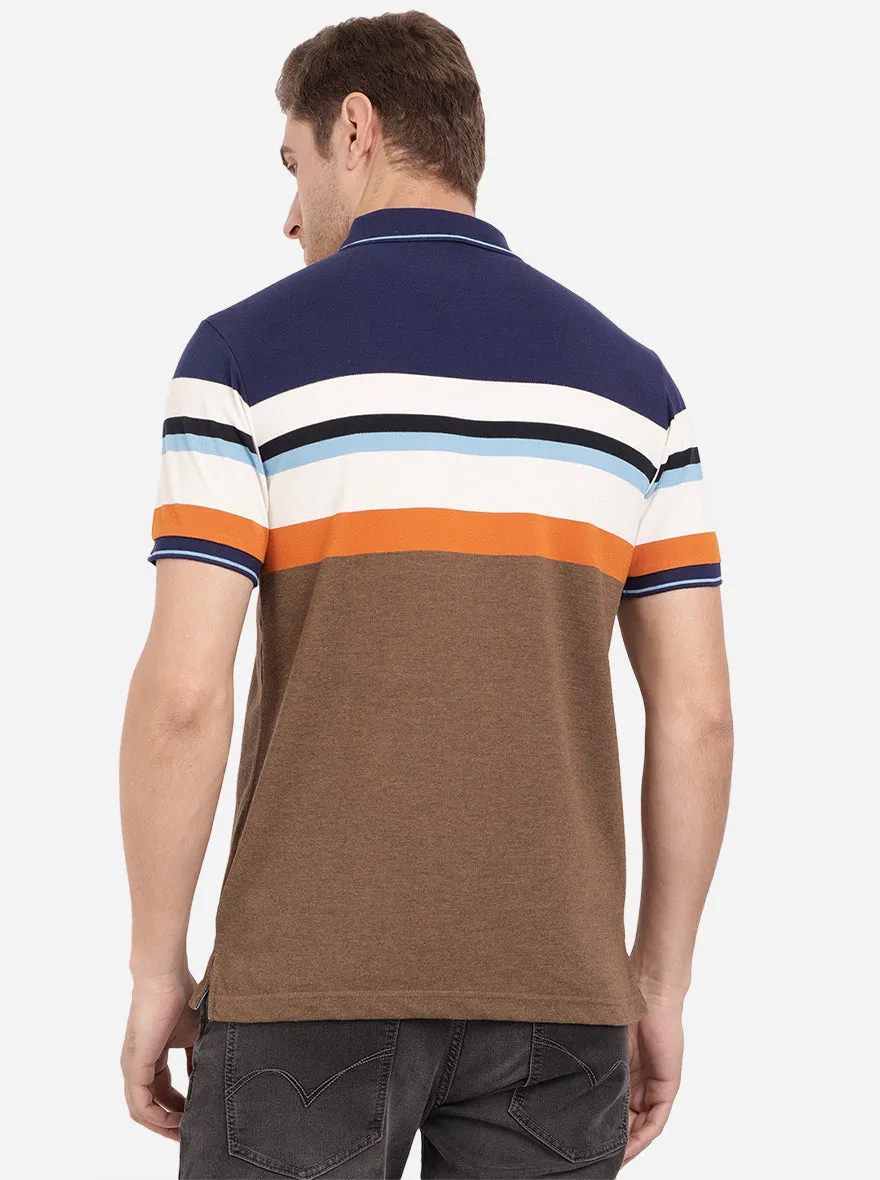 Brown & Navy Blue Striped Slim Fit Polo T-Shirt | Greenfibre