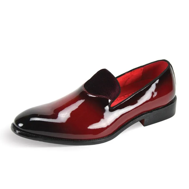 Burgundy Men's Patent Leather Loafers Dress Shoes with Velvet