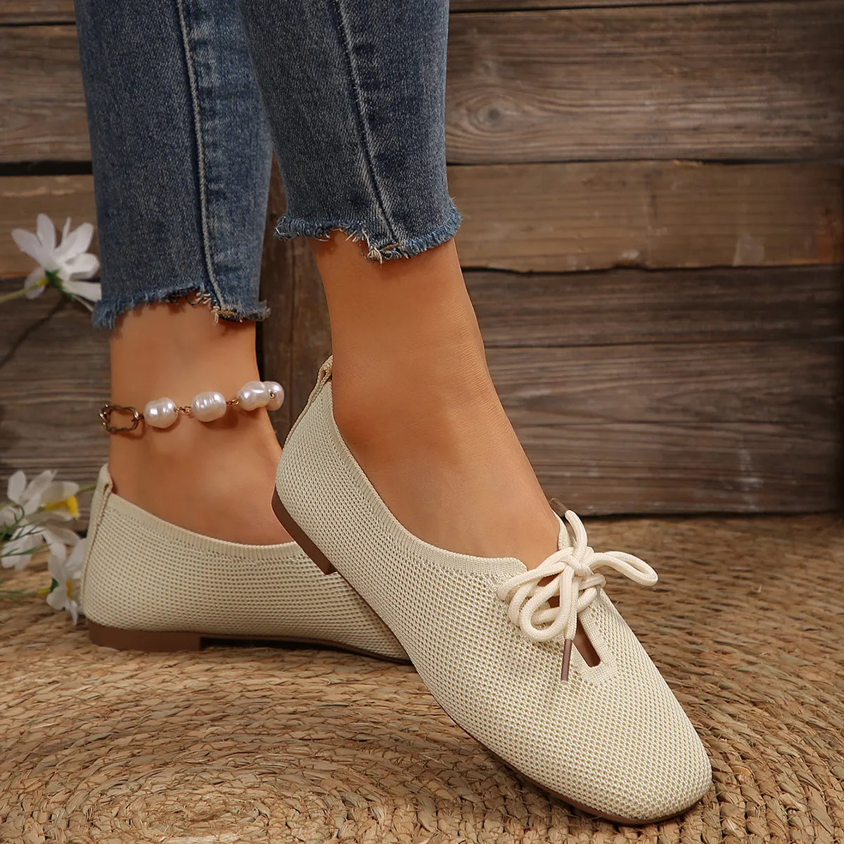 Casual Lace-up Mesh Flats Shoes Women Fashion Solid Color Loafers Lazy Shoes