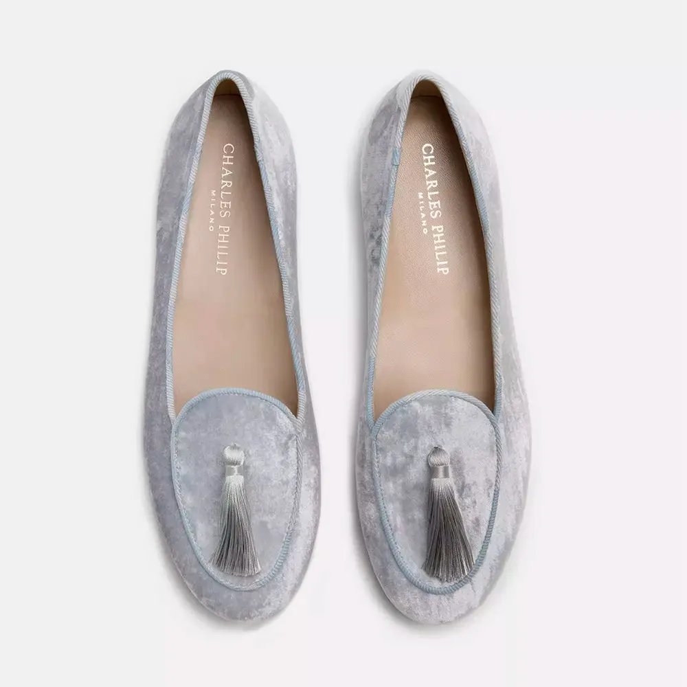 Charles Philip Elegant Silver Velvet Flats with Tassel Detail