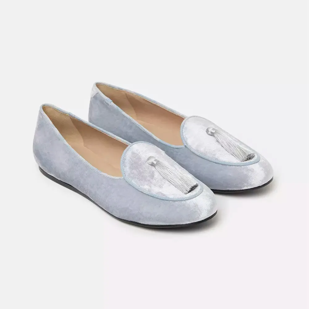 Charles Philip Elegant Silver Velvet Flats with Tassel Detail