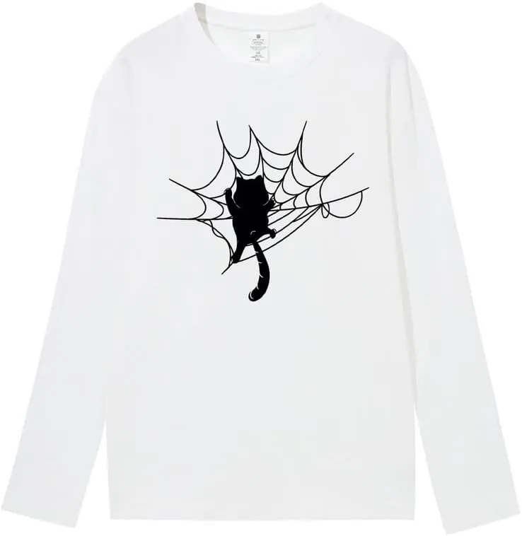 CORIRESHA Halloween Spider Web Crew Neck Long Sleeve Casual Cat Lover T-Shirt