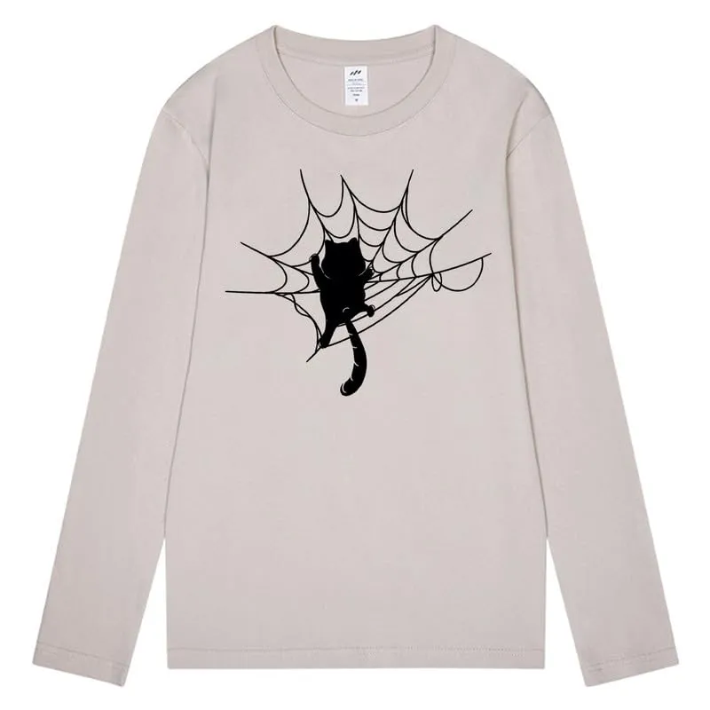 CORIRESHA Halloween Spider Web Crew Neck Long Sleeve Casual Cat Lover T-Shirt