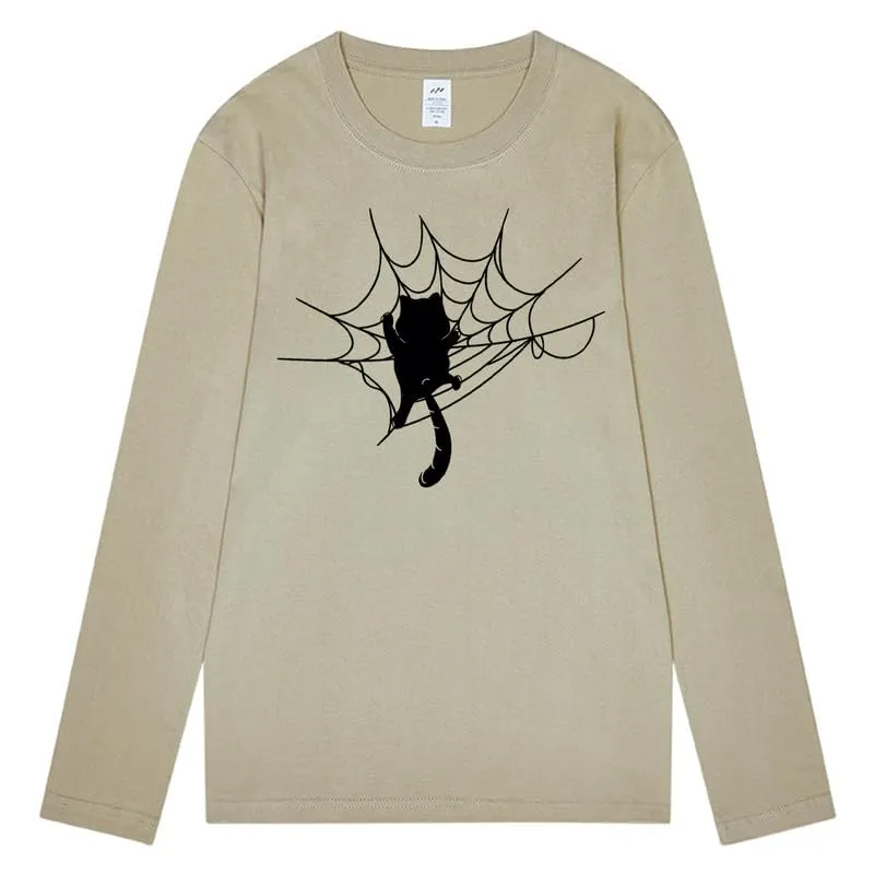 CORIRESHA Halloween Spider Web Crew Neck Long Sleeve Casual Cat Lover T-Shirt