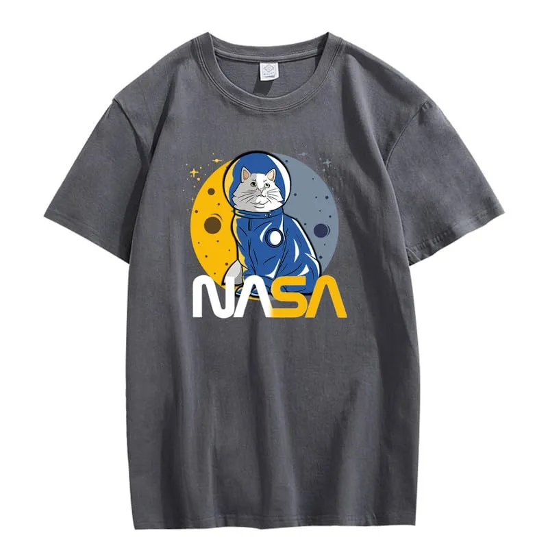 CORIRESHA Teen's Astronaut NASA Crew Neck Short Sleeve Casual Basic Cat T-Shirt