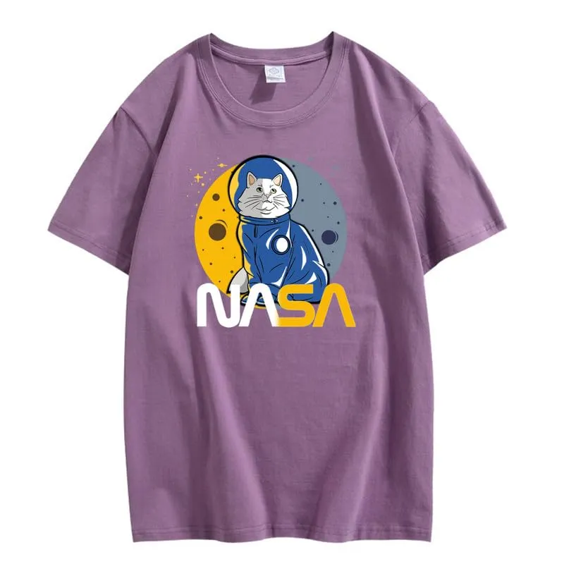 CORIRESHA Teen's Astronaut NASA Crew Neck Short Sleeve Casual Basic Cat T-Shirt