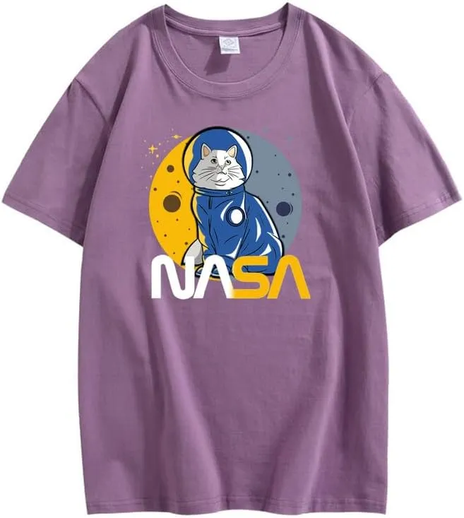 CORIRESHA Teen's Astronaut NASA Crew Neck Short Sleeve Casual Basic Cat T-Shirt