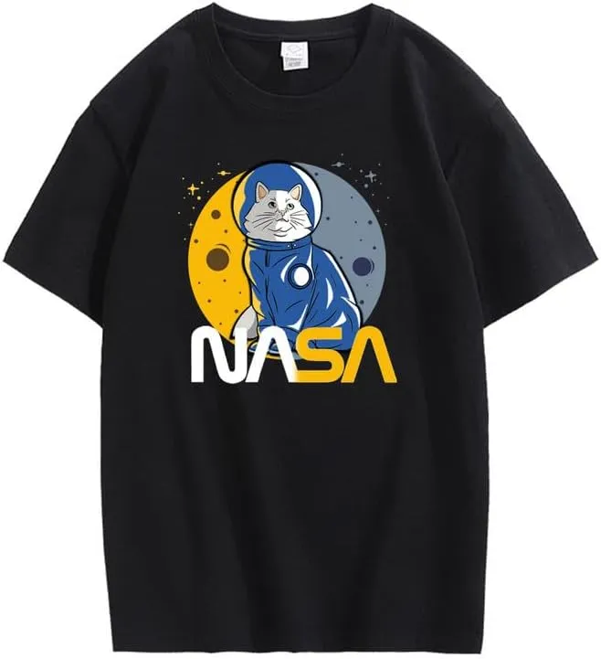 CORIRESHA Teen's Astronaut NASA Crew Neck Short Sleeve Casual Basic Cat T-Shirt