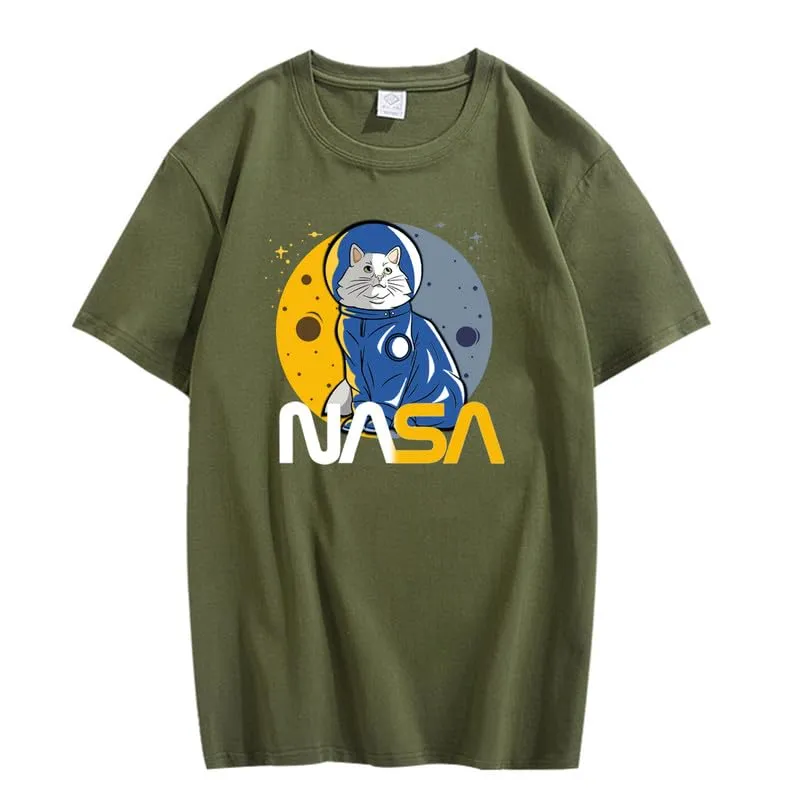 CORIRESHA Teen's Astronaut NASA Crew Neck Short Sleeve Casual Basic Cat T-Shirt