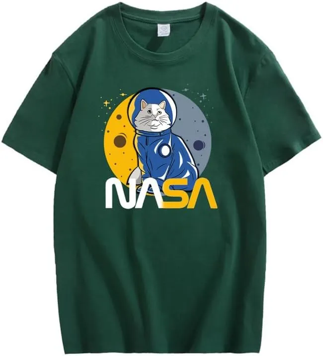 CORIRESHA Teen's Astronaut NASA Crew Neck Short Sleeve Casual Basic Cat T-Shirt