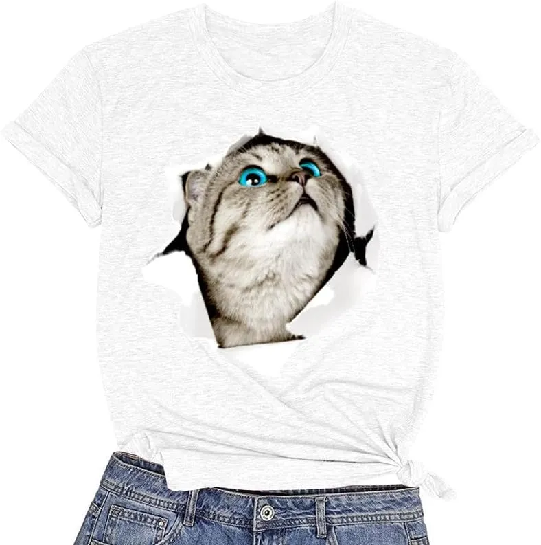 CORIRESHA Women's Cute Cat T-Shirt Short Sleeves Round Neck Casual Loose Basic Tops