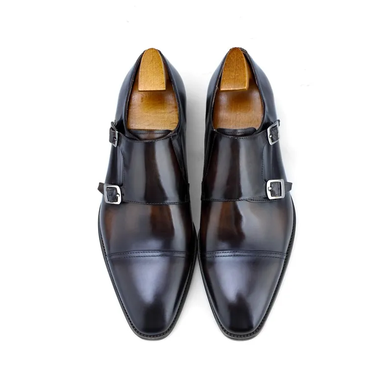 Dark Brown Leather Double Monk Strap Shoes