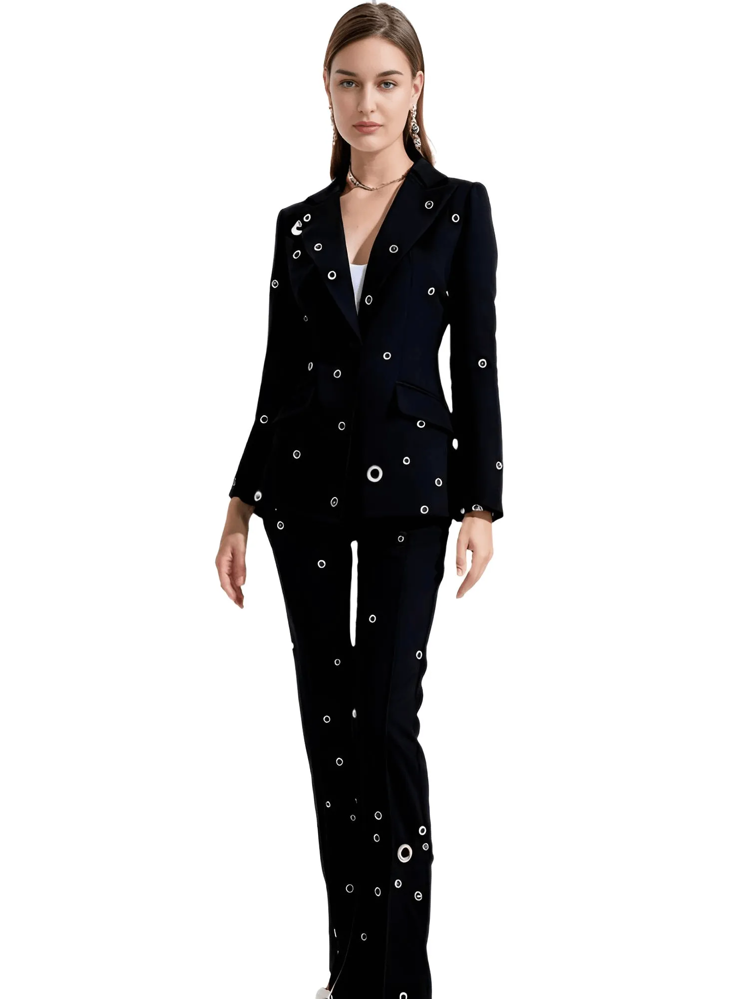 Designer Fashion Runway Suit Set Women's Grommet Women's Blazer Pants Set 2pcs