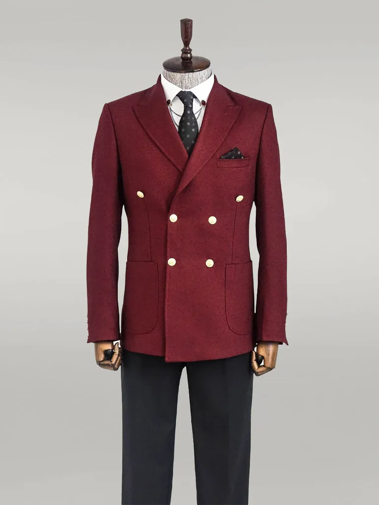 Double Breasted Slim Fit Burgundy Men Blazer - Wessi