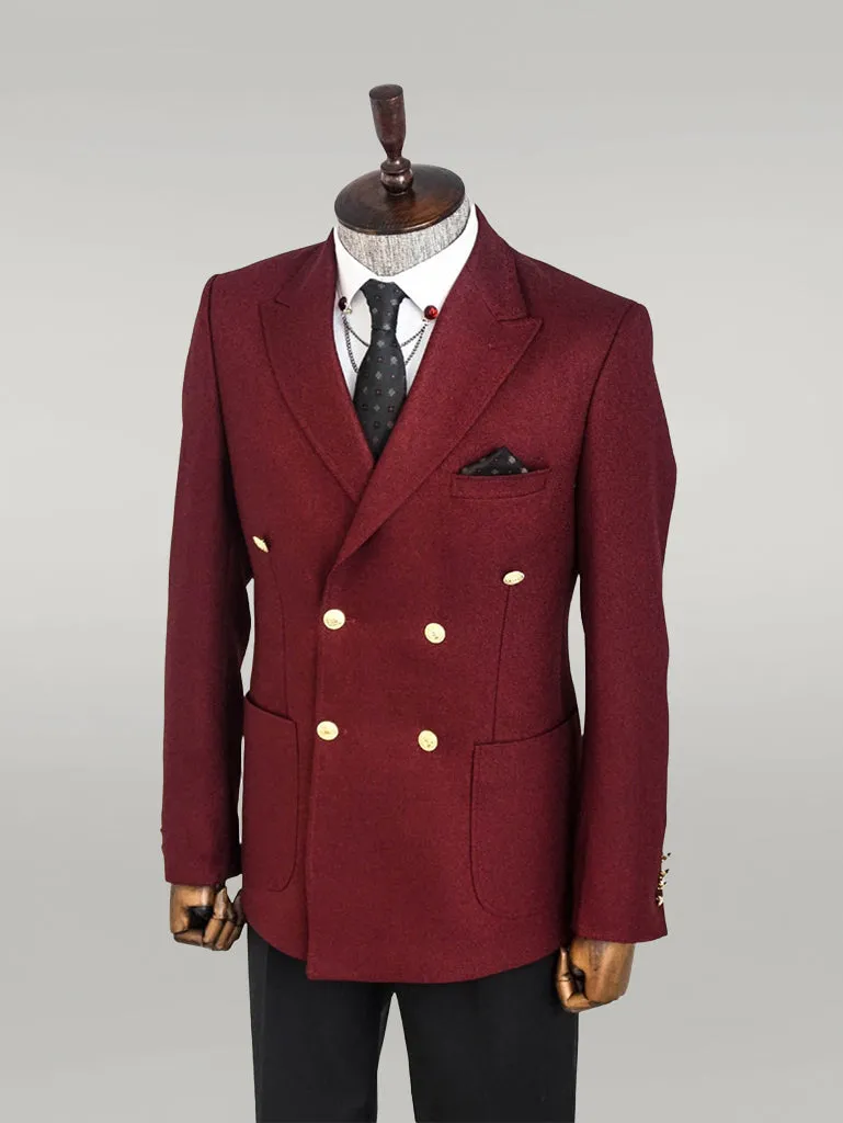 Double Breasted Slim Fit Burgundy Men Blazer - Wessi