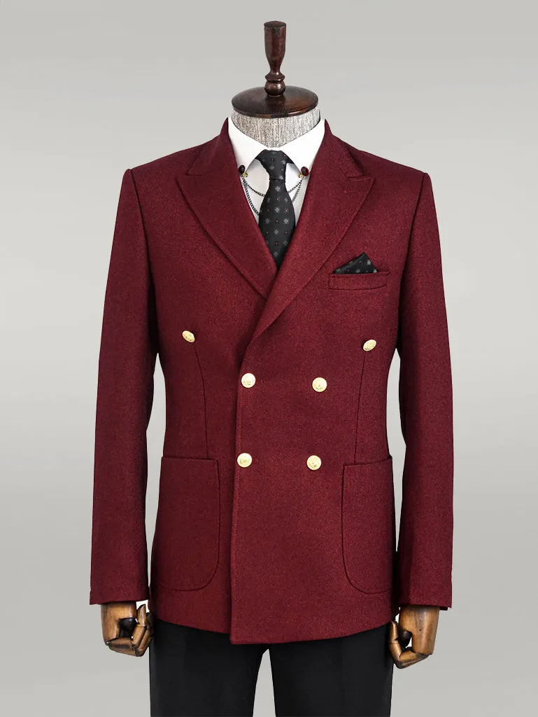 Double Breasted Slim Fit Burgundy Men Blazer - Wessi