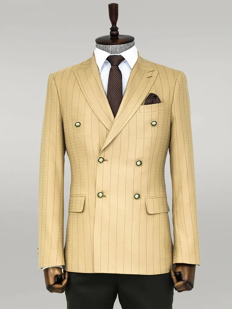 Double Breasted Slim Fit Striped Cream Men Blazer - Wessi