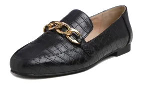 Feversole Women's Fashion Trim Deco Loafer Flats Black Croc Chain